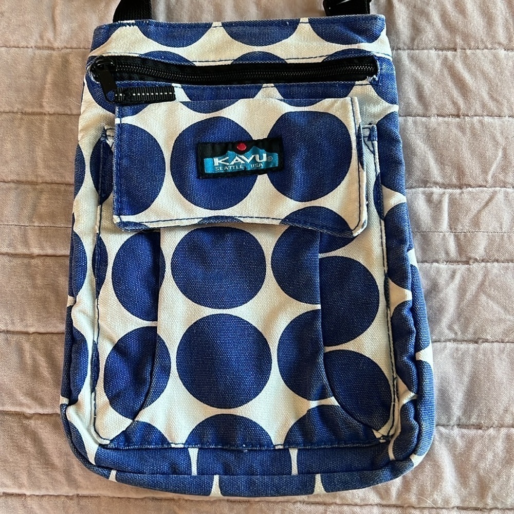 Kavu crossbody cotton canvas royal blue white polka dots adjustable black strap